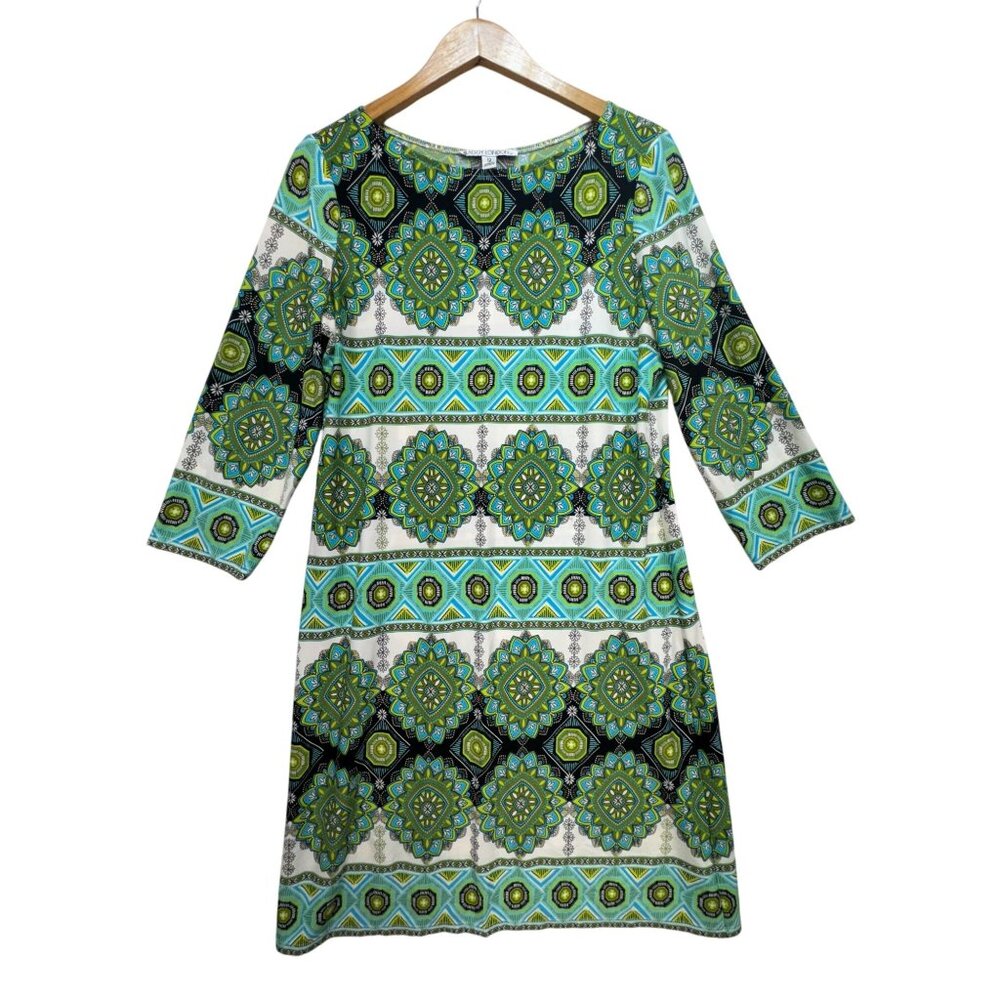 Maggy London Womens Geo Midi Shift Dress Size 12 Green Blue 3/4 Sleeve Work Boho